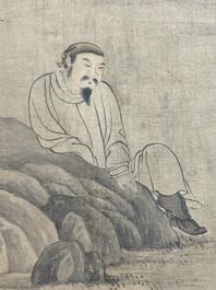 Chinese school: 'Man with two horses', ink and colour on silk, 18/19th C.