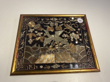 A varied collection of Chinese embroidered silk cloths, a fan-cover and 'rank badges', 19th C.