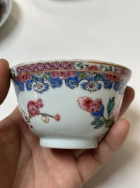 Four Chinese famille rose cups and three saucers with floral design, Yongzheng