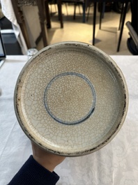 A Chinese celadon-ground blue and white dish and a vase and cover, Chenghua mark, 19th C.