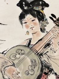 Cheng Shifa 程十发 (1921-2007): 'Pipa playing lady and two eagles', ink and colour on paper, dated 1988