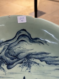 A Chinese celadon-ground blue and white dish and a vase and cover, Chenghua mark, 19th C.