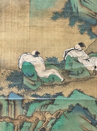 Chinese school: 'Gathering by the mountain', ink and colour on silk, 18/19th C.