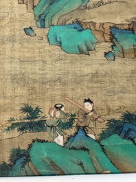 Chinese school: 'Gathering by the mountain', ink and colour on silk, 18/19th C.