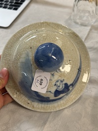 A Chinese celadon-ground blue and white dish and a vase and cover, Chenghua mark, 19th C.