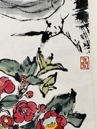 Cheng Shifa 程十发 (1921-2007): 'Pipa playing lady and two eagles', ink and colour on paper, dated 1988