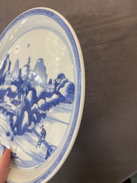 A Chinese blue and white plate with a mountainous river landscape, Chenghua mark, Kangxi