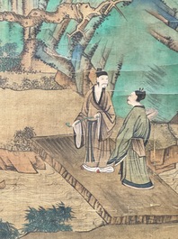 Chinese school: 'Gathering by the mountain', ink and colour on silk, 18/19th C.