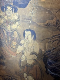 Chinese school: 'Luohan in the mountains', ink and colour on silk, 18th C.