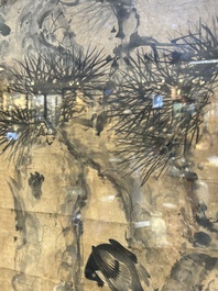 Hui Qishan 讳齐善: 'Dennenboom met eksters', inkt op papier, 19e eeuw