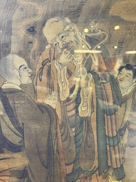 Chinese school: 'Luohan in the mountains', ink and colour on silk, 18th C.
