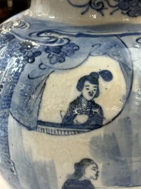 A Chinese celadon-ground blue and white dish and a vase and cover, Chenghua mark, 19th C.