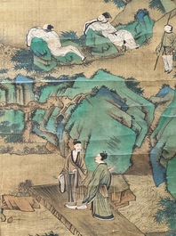 Chinese school: 'Gathering by the mountain', ink and colour on silk, 18/19th C.