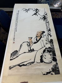 Cheng Shifa 程十发 (1921-2007): 'Pipa spelende dame en twee adelaars', inkt en kleur op papier, gedateerd 1988