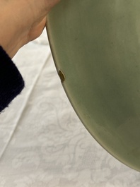 A Chinese celadon-ground blue and white dish and a vase and cover, Chenghua mark, 19th C.