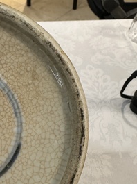 A Chinese celadon-ground blue and white dish and a vase and cover, Chenghua mark, 19th C.