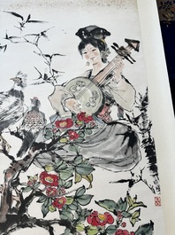 Cheng Shifa 程十发 (1921-2007): 'Pipa playing lady and two eagles', ink and colour on paper, dated 1988