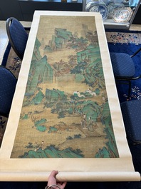 Chinese school: 'Gathering by the mountain', ink and colour on silk, 18/19th C.