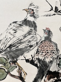 Cheng Shifa 程十发 (1921-2007): 'Pipa playing lady and two eagles', ink and colour on paper, dated 1988