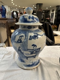 A Chinese celadon-ground blue and white dish and a vase and cover, Chenghua mark, 19th C.