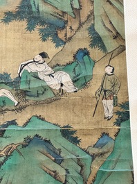 Chinese school: 'Gathering by the mountain', ink and colour on silk, 18/19th C.