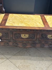 A Chinese carved wooden stand and a low table with marble tops, 19th C.