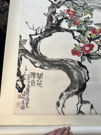 Cheng Shifa 程十发 (1921-2007): 'Pipa spelende dame en twee adelaars', inkt en kleur op papier, gedateerd 1988