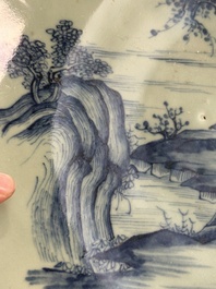 A Chinese celadon-ground blue and white dish and a vase and cover, Chenghua mark, 19th C.