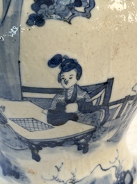 A Chinese celadon-ground blue and white dish and a vase and cover, Chenghua mark, 19th C.