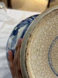 A Chinese celadon-ground blue and white dish and a vase and cover, Chenghua mark, 19th C.