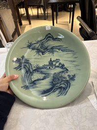 A Chinese celadon-ground blue and white dish and a vase and cover, Chenghua mark, 19th C.