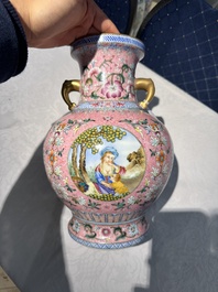 A Chinese famille rose pink-ground 'European scene' vase , 20th C.