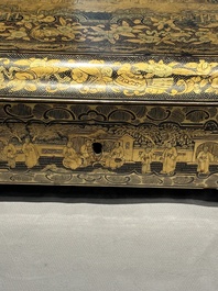 A large Chinese Canton gilt black lacquer tray, thee boxes and a fan, 19th C.