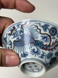 A Chinese doucai conical 'phoenixes' bowl, Chenghua mark, Kangxi/Yongzheng