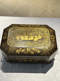 A large Chinese Canton gilt black lacquer tray, thee boxes and a fan, 19th C.