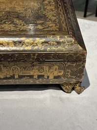 A large Chinese Canton gilt black lacquer tray, thee boxes and a fan, 19th C.