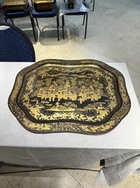 A large Chinese Canton gilt black lacquer tray, thee boxes and a fan, 19th C.