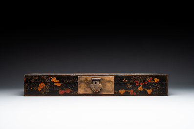 A fine rectangular Chinese lacquered and painted wooden box, signed Fen Yang Fu 汾陽府, dated 1669