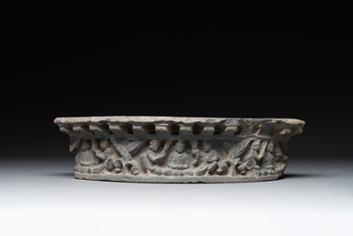 Three Gandhara grey schist frieze fragments with narrative design, 1/5th C.