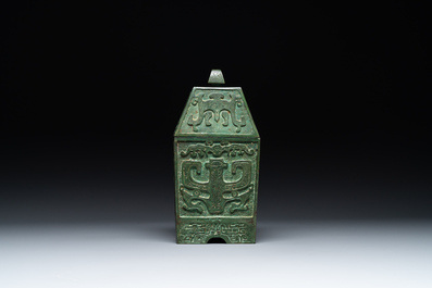 A rare large and inscribed archaistic bronze wine vessel, Fang Yi, Song/Ming