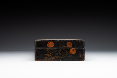 A fine rectangular Chinese lacquered and painted wooden box, signed Fen Yang Fu 汾陽府, dated 1669