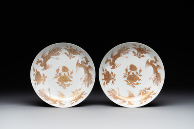 Five Chinese gilt-decorated eggshell porcelain 'phoenix' plates, Yongzheng