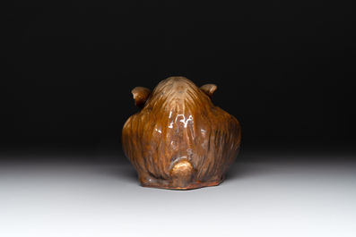 A fine Chinese cafe-au-lait glazed hare on wooden stand, Tian 天 mark, Qing