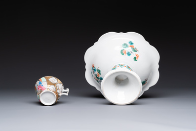 A Chinese Canton famille rose gilt-decorated cup and saucer and a famille verte tazza, 19th C.