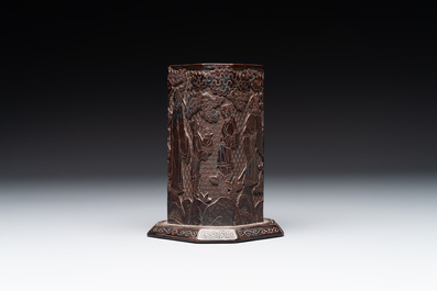 A Chinese tixi lacquer brush pot, 'bitong', Ming
