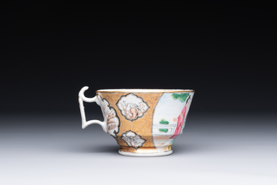 A Chinese Canton famille rose gilt-decorated cup and saucer and a famille verte tazza, 19th C.