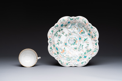 A Chinese Canton famille rose gilt-decorated cup and saucer and a famille verte tazza, 19th C.