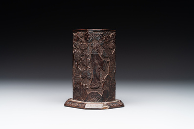 A Chinese tixi lacquer brush pot, 'bitong', Ming