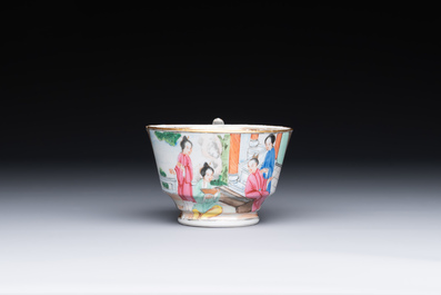 A Chinese Canton famille rose gilt-decorated cup and saucer and a famille verte tazza, 19th C.