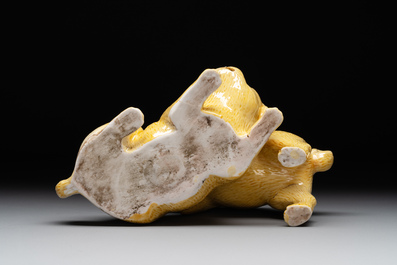 A Chinese monochrome yellow-glazed group of two playing dogs, 19th C.